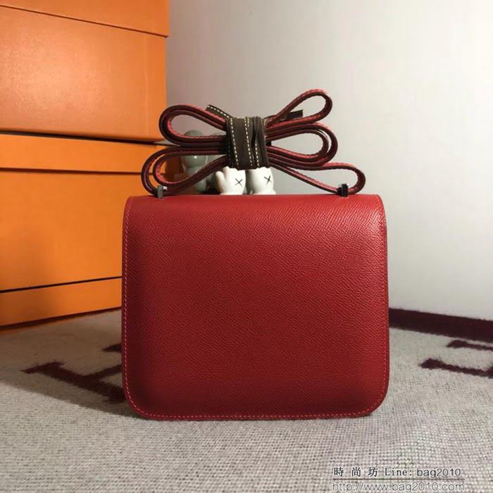 HERMES愛馬仕 空姐包 constance 國旗紅 EPSOM 18cm 銀扣 蠟線縫製 單肩斜挎包  Ama1498